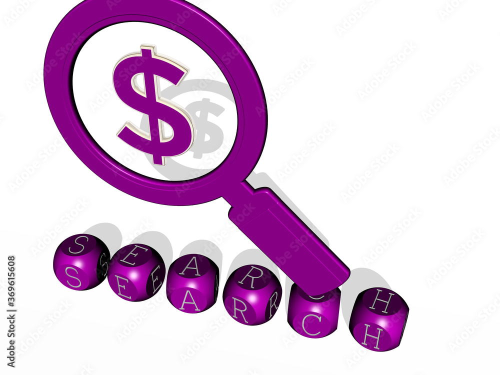 Poster 3d illustration of search graphics and text made by metallic dice letters for the related meanings o