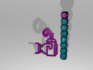 3D representation of cocktail with icon on the wall and text arranged by metallic cubic letters on a mirror floor for concept meaning and slideshow presentation. background and drink