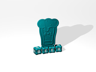 3D graphical image of BEER vertically along with text built by metallic cubic letters from the top perspective, excellent for the concept presentation and slideshows. illustration and alcohol