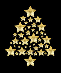Golden Christmas tree made of shiny stars black background isolated closeup, gold stars in shape of decorative New Year pine, xmas decoration, holiday greeting card pattern, festive banner, copy space