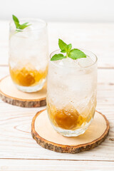 iced plum juice with soda and peppermint