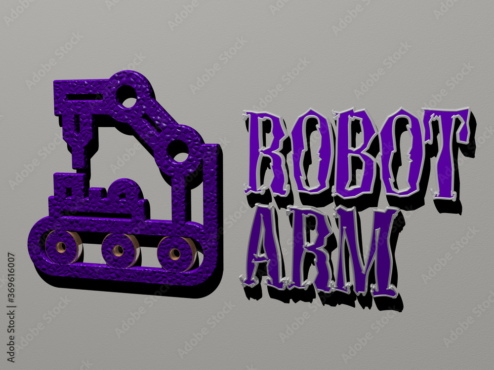 Poster 3d graphical image of robot arm vertically along with text built by metallic cubic letters from the 