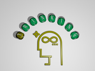3D representation of THINKING with icon on the wall and text arranged by metallic cubic letters on a mirror floor for concept meaning and slideshow presentation. illustration and background