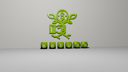 3D representation of return with icon on the wall and text arranged by metallic cubic letters on a mirror floor for concept meaning and slideshow presentation. illustration and business