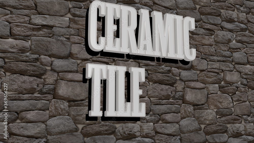 Poster 3d representation of ceramic tile with icon on the wall and text arranged by metallic cubic letters 