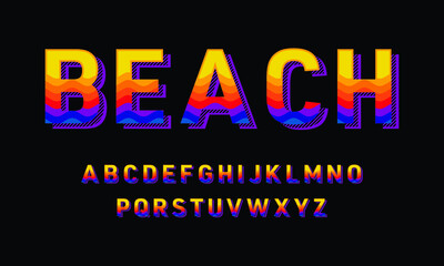 Vector illustration isolated on black background. Display font alphabet, beach style and 3D looking.