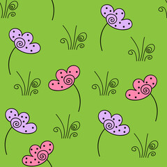 cute seamless pattern with flowers and grass in bright colors. Nice summer floral vector repeated background for prints, fabric, wallpaper, textile, wrapping paper.