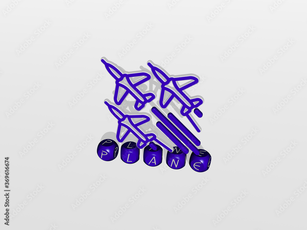 Poster 3d graphical image of plane vertically along with text built by metallic cubic letters from the top 