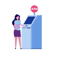 Woman standing near atm machine.Vector flat style illustration.