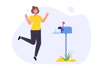 Happy woman is standing nearby mailbox and got letter. Vector illustration