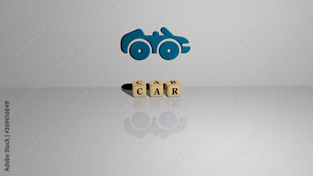 Poster 3d graphical image of car vertically along with text built by metallic cubic letters from the top pe