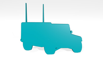 MILITARY VEHICLE from a perspective with the shadow. A thick sculpture made of metallic materials of 3D rendering. army and illustration