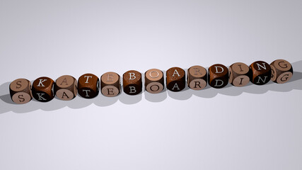 crosswords of skateboarding arranged by cubic letters on a mirror floor, concept meaning and presentation. illustration and active