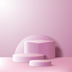 empty podium stage or product display showcase. geometrical 3D box and cylinder with pink color