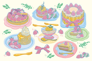 Vector illustration of tea time, dessert, cake, strawberry cake, coffee tea 