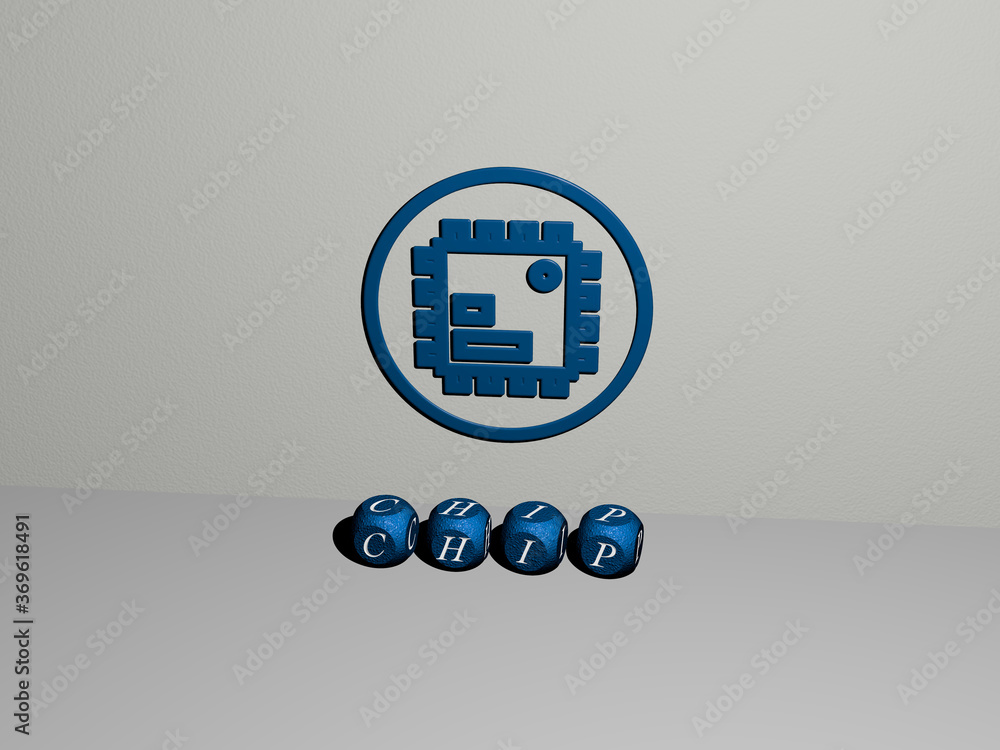 Poster 3d graphical image of chip vertically along with text built by metallic cubic letters from the top p