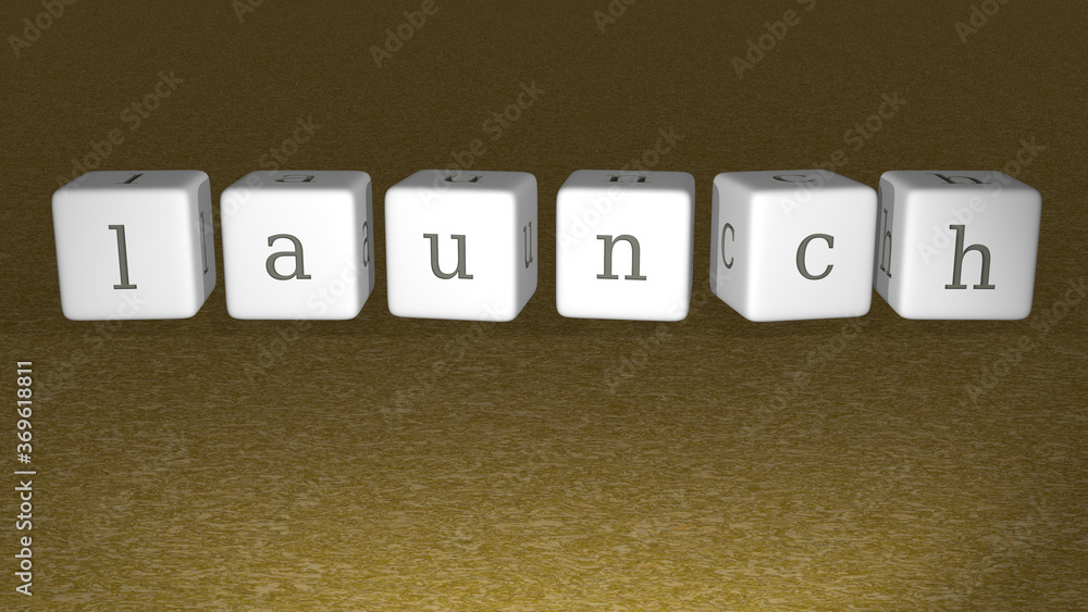 Poster launch built by dice letters and color crossing for the related meanings of the concept by 3d render