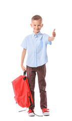 Cute little schoolboy showing thumb-up on white background