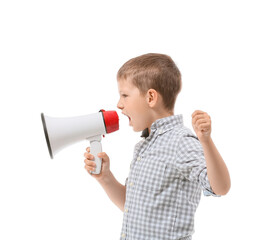 Aggressive little boy with megaphone on white background