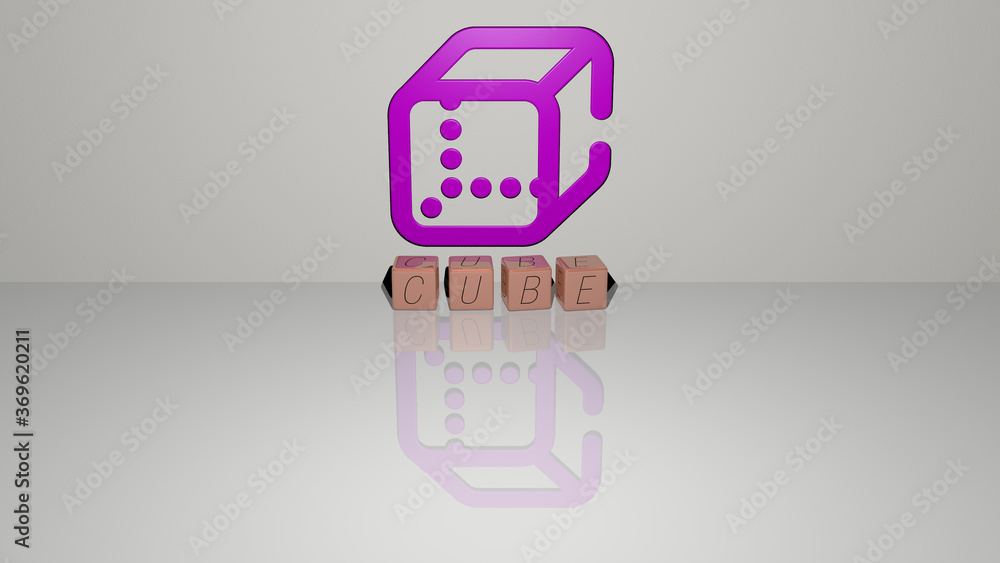 Poster 3d representation of cube with icon on the wall and text arranged by metallic cubic letters on a mir