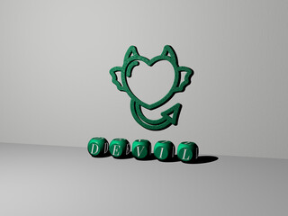 3D representation of devil with icon on the wall and text arranged by metallic cubic letters on a mirror floor for concept meaning and slideshow presentation. illustration and cartoon