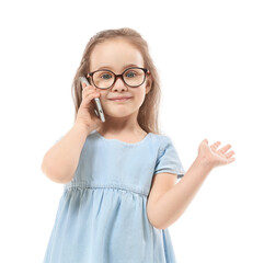 Cute little girl talking by phone on white background