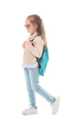 Cute little schoolgirl on white background