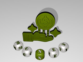 3D graphical image of money vertically along with text built around the icon by metallic cubic letters from the top perspective, excellent for the concept presentation and slideshows. illustration