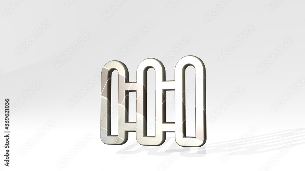 Poster architecture fence casting shadow with two lights. 3d illustration of metallic sculpture over a whit