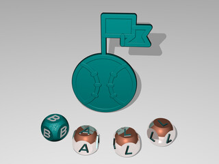 3D representation of BALL with icon on the wall and text arranged by metallic cubic letters on a mirror floor for concept meaning and slideshow presentation. illustration and background