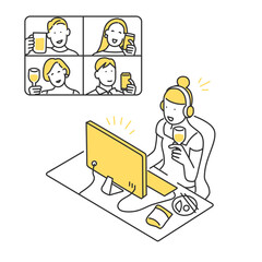 オンライン飲み会をする女性のイラスト素材