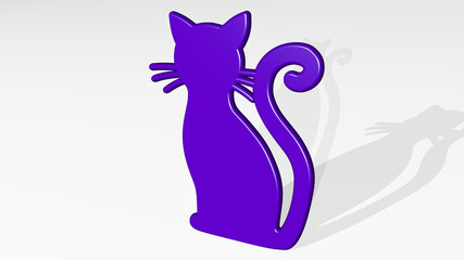 cat from a perspective with the shadow. A thick sculpture made of metallic materials of 3D rendering. animal and illustration