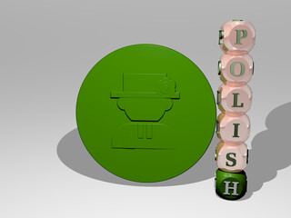 3D graphical image of POLISH vertically along with text built around the icon by metallic cubic letters from the top perspective. excellent for the concept presentation and slideshows. poland and