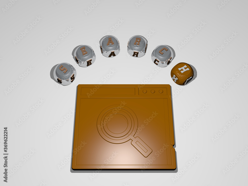 Poster 3d representation of search with icon on the wall and text arranged by metallic cubic letters on a m