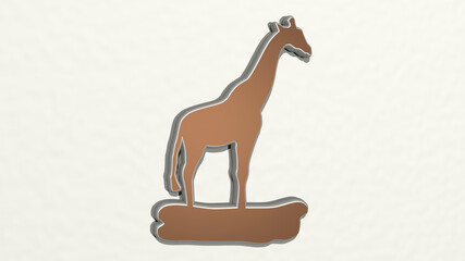 GIRAFFE made by 3D illustration of a shiny metallic sculpture on a wall with light background. animal and africa