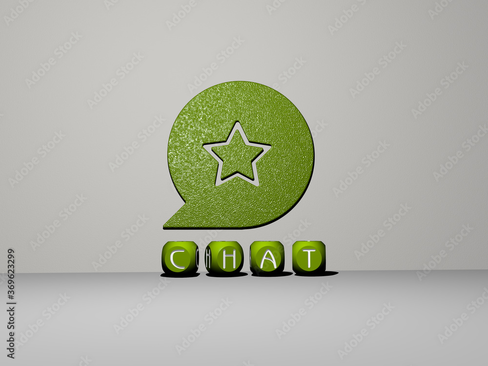 Poster 3d representation of chat with icon on the wall and text arranged by metallic cubic letters on a mir
