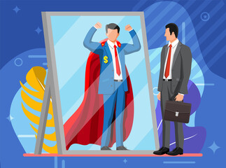 Businessman facing himself as superhero in mirror. Business ambition and success concept. Symbol of power, leadership, courage, bravery. Achievement and goal. Flat vector illustration © absent84