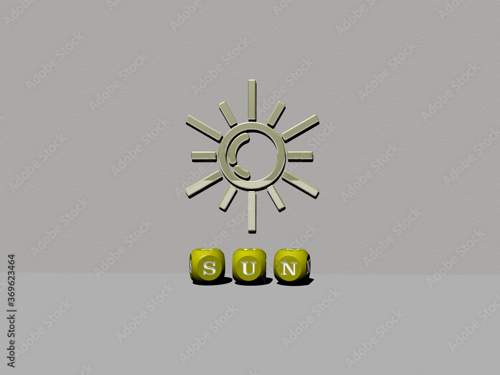 Poster 3d graphical image of sun vertically along with text built by metallic cubic letters from the top pe
