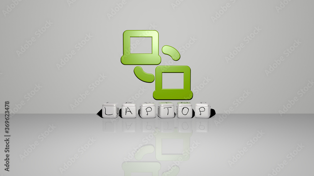 Poster 3D graphical image of LAPTOP vertically along with text built by metallic cubic letters from the top perspective, excellent for the concept presentation and slideshows. computer and business