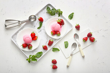 Naklejka na ściany i meble Tasty strawberry ice cream on white background