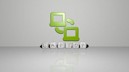 3D graphical image of LAPTOP vertically along with text built by metallic cubic letters from the top perspective, excellent for the concept presentation and slideshows. computer and business