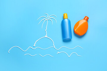 Bottle of sunscreen on color background