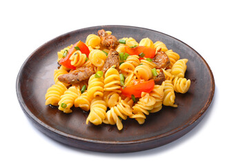 Plate with tasty pasta and chicken on white background