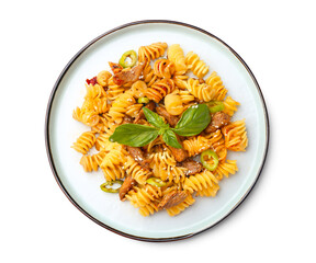 Plate with tasty pasta and chicken on white background