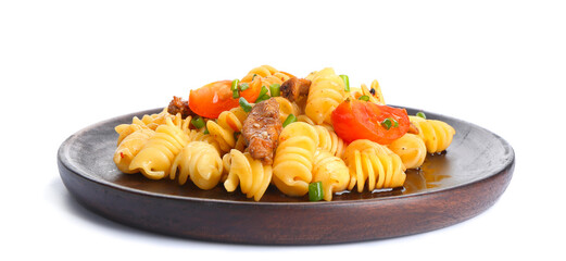 Plate with tasty pasta and chicken on white background