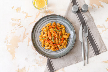 Plate with tasty pasta and chicken on light background