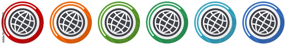 Fototapete World, globe icon set, flat design vector illustration in 6 colors options for webdesign and mobile applications