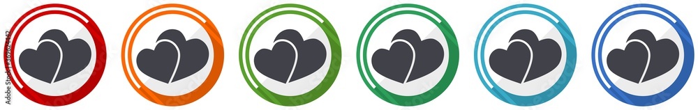 Poster two hearts, valentines day icon set, flat design vector illustration in 6 colors options for webdesi