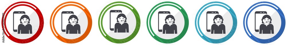 Poster Online customer service in smartphone, icon set, flat design vector illustration in 6 colors options for webdesign and mobile applications