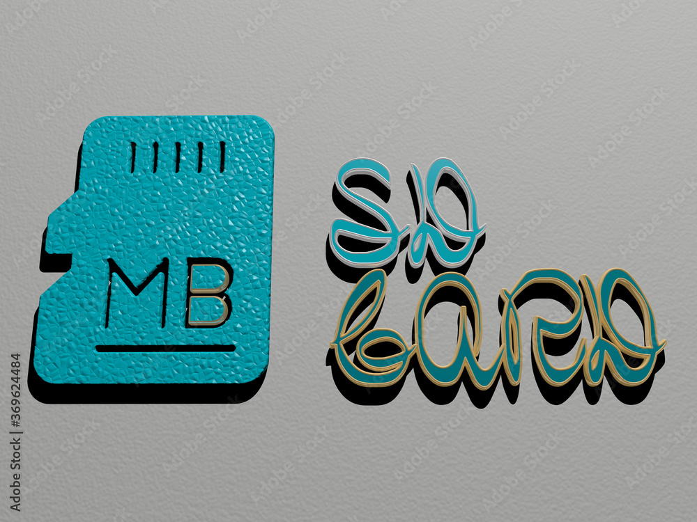 Poster 3d illustration of sd card graphics and text made by metallic dice letters for the related meanings 
